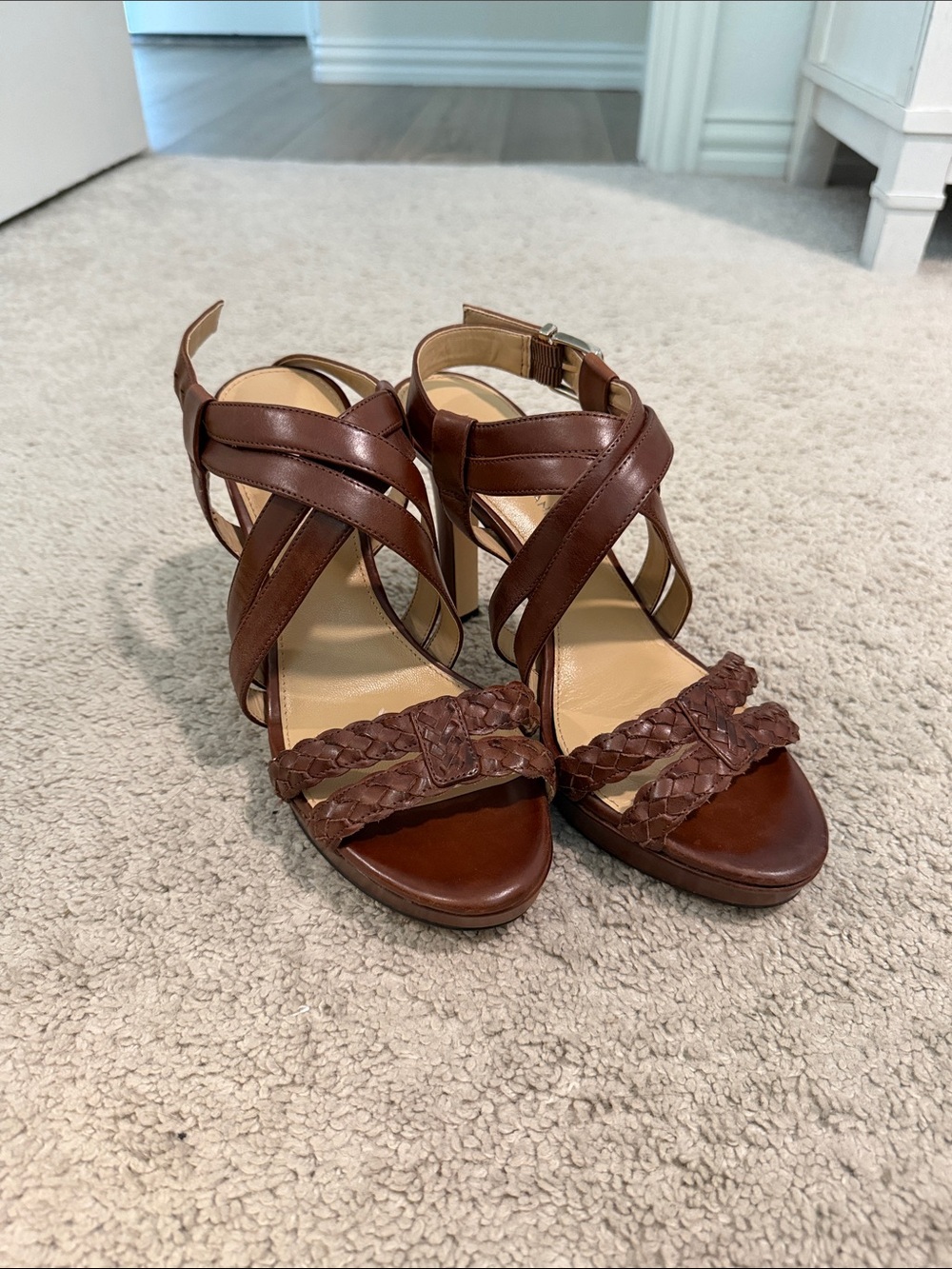 Gianni Bini Brown Leather Braided Strappy Heels